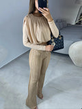 Momentlover Solid Color Long Sleeves Elasticity Pleated Round-Neck Shirts Top + High Waisted Pants Bottom Two Pieces Set