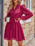 Momentlover Tied Waist Solid Color See-Through Long Sleeves A-Line V-Neck Mini Dresses