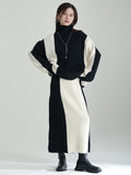 Momentlover Casual Loose Long Sleeves Contrast Color High-Neck Sweater Top&Skirt Two Pieces Set