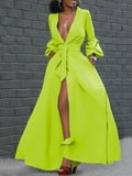 Momentlover Puff Long Sleeves Buttoned Solid Color Deep V-Neck Maxi Shirt Dresses