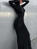 Momentlover Split-Joint Solid Color Long Sleeves Bodycon High Neck Maxi Dresses