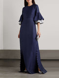 Momentlover Flared Sleeves Half Sleeves Solid Color Round-Neck Maxi Dresses