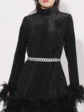 Momentlover Velvet Solid Color Feathers Chains Long Sleeves A-Line Stand Collar Mini Dresses