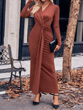 Momentlover Solid Color Bowknot Long Sleeves Bodycon V-neck Maxi Dresses