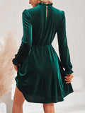 Momentlover Velvet Solid Color Ruffled Hollow Ruffle Sleeves Loose Mock Neck Mini Dresses