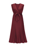 Momentlover Tied Waist Split-Joint Solid Color Pleated Floral Sleeveless Loose V-Neck Maxi Dresses