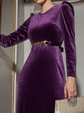 Momentlover Zipper Solid Color Belted Wrap Mermaid Round-Neck Midi Dresses