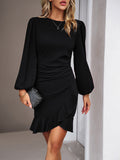 Momentlover Solid Color Falbala Puff Sleeves Long Sleeves Mini Dresses