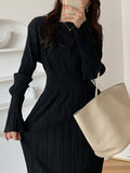 Momentlover Simple Long Sleeves Black Split-Joint Elasticity Waist Pleated Midi Dress