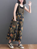 Momentlover Split-Joint Floral Printed Buttoned Wide Leg Oversize Overalls Ninth Pants