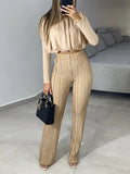 Momentlover Solid Color Long Sleeves Elasticity Pleated Round-Neck Shirts Top + High Waisted Pants Bottom Two Pieces Set