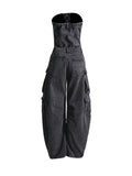 Momentlover Split-Joint Pockets Buttoned Wide Leg Sleeveless Tube Jumpsuits