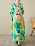 Momentlover Contrast Color Color-Block Raglan Sleeve Loose Round-Neck Maxi Dresses