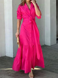 Momentlover A-Line Half Sleeves Buttoned Solid Color Tied Waist Polo Maxi Dresses