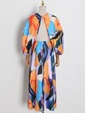 Momentlover Original Puff Sleeves Loose Contrast Color Printed Deep V-Neck Maxi Dresses