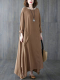 Momentlover Casual Long Sleeves Loose Solid Color Round-Neck Maxi Dresses