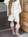 Momentlover Round-Neck Long Sleeves Loose Buttoned Sweater Top + Drawstring Shorts Bottom Two Pieces Set