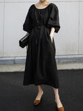 Momentlover Original Casual Loose Solid Color Pleated Puff Sleeves Midi Dress