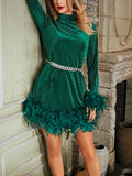 Momentlover Velvet Solid Color Feathers Chains Long Sleeves A-Line Stand Collar Mini Dresses