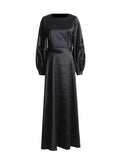 Momentlover Solid Color Hollow Puff Sleeves Loose Round-Neck Maxi Dresses