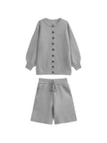 Momentlover Round-Neck Long Sleeves Loose Buttoned Sweater Top + Drawstring Shorts Bottom Two Pieces Set