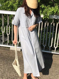 Momentlover Vintage Solid Color Short Sleeve Loose Casual Midi Dress