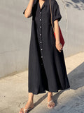 Momentlover Vintage Solid Color Short Sleeve Loose Casual Midi Dress