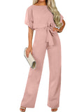 Momentlover Solid Color Ribbed Wide Leg Short Sleeves Round-neck Jumpsuits