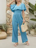 Momentlover Split-Joint Solid Color Ruffle Sleeves High Waisted V-Neck Jumpsuits