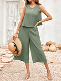 Momentlover Solid Color Wide Leg Sleeveless Round-neck Jumpsuits