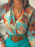 Momentlover Deep V-Neck Long Sleeves Buttoned Flower Print Shirts Top +Belted Shorts Bottom Two Pieces Set