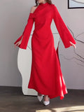 Momentlover Flared Sleeves Asymmetric Buttoned Hollow Solid Color Zipper Cold Shoulder Evening Dresses Maxi Dresses