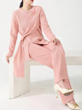 Momentlover Solid Color Loose Asymmetric Split-Front Round-Neck Long Sleeves Sweater Top + Pants Bottom Two Pieces Set