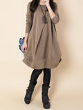 Momentlover A-line Long Sleeves Pleated Solid Color Round-neck Dresses Maxi Dresses