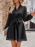 Momentlover Tied Waist Solid Color See-Through Long Sleeves A-Line V-Neck Mini Dresses