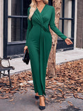 Momentlover Solid Color Bowknot Long Sleeves Bodycon V-neck Maxi Dresses