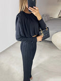 Momentlover Solid Color Long Sleeves Elasticity Pleated Round-Neck Shirts Top + High Waisted Pants Bottom Two Pieces Set