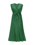 Momentlover Tied Waist Split-Joint Solid Color Pleated Floral Sleeveless Loose V-Neck Maxi Dresses