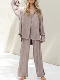 Momentlover Drawstring Pleated Flared Sleeves Long Sleeves Buttoned Solid Color Split-Side Lapel Shirts Top + Pants Bottom Pajama Sets