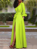 Momentlover Puff Long Sleeves Buttoned Solid Color Deep V-Neck Maxi Shirt Dresses