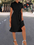 Momentlover Tied Waist Solid Color Buttoned Short Sleeves High Waisted Lapel Collar Shirt Dress Midi Dresses