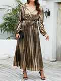 Momentlover Tied Waist Solid Color Pleated Elasticity Bronzing Puff Sleeves Loose V-Neck Midi Dresses