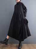 Momentlover Urban Floral Applique Pleated Long Sleeves Shirt Dress Midi Dress