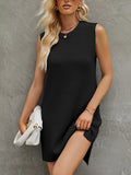 Momentlover Tied Waist Split-Joint Solid Color Sleeveless Loose Round-Neck Sweater Dresses Mini Dresses