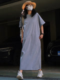 Momentlover Casual Short Sleeves Solid Color Round-Neck Maxi Dress