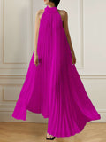 Momentlover A-Line Sleeveless Pleated Solid Color Halter-Neck Maxi Dresses