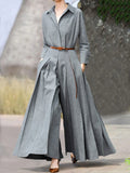 Momentlover Long Sleeves Wide Leg Pleated Lapel Jumpsuits