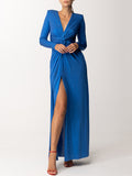 Momentlover Long Sleeves Solid Color V-Neck Evening Maxi Dresses