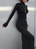 Momentlover Split-Joint Solid Color Long Sleeves Bodycon High Neck Maxi Dresses