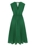 Momentlover Tied Waist Solid Color Pleated Sleeveless V-Neck Midi Dresses